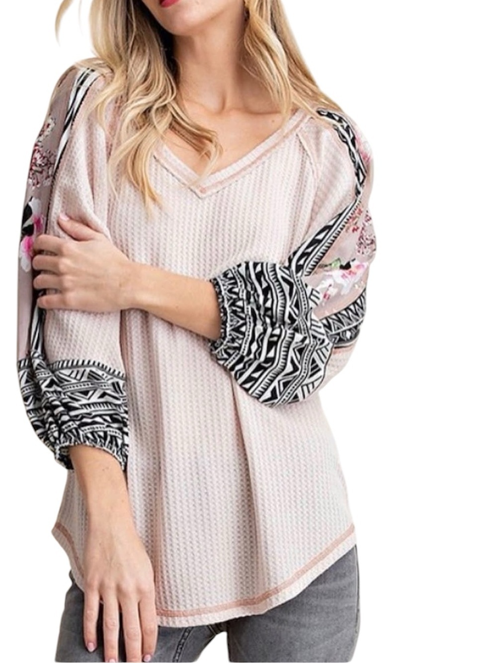Kori Thermal Waffle Knit Mixed Print Tunic Top Blush Pink Size Large